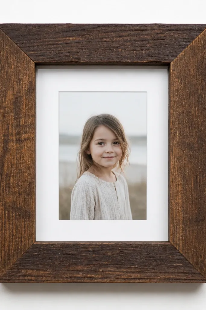Four stained wood shims arranged into a square frame around a centered 5x7 photo, with the shims showing their grain and slight rough edges, backed by white paper.