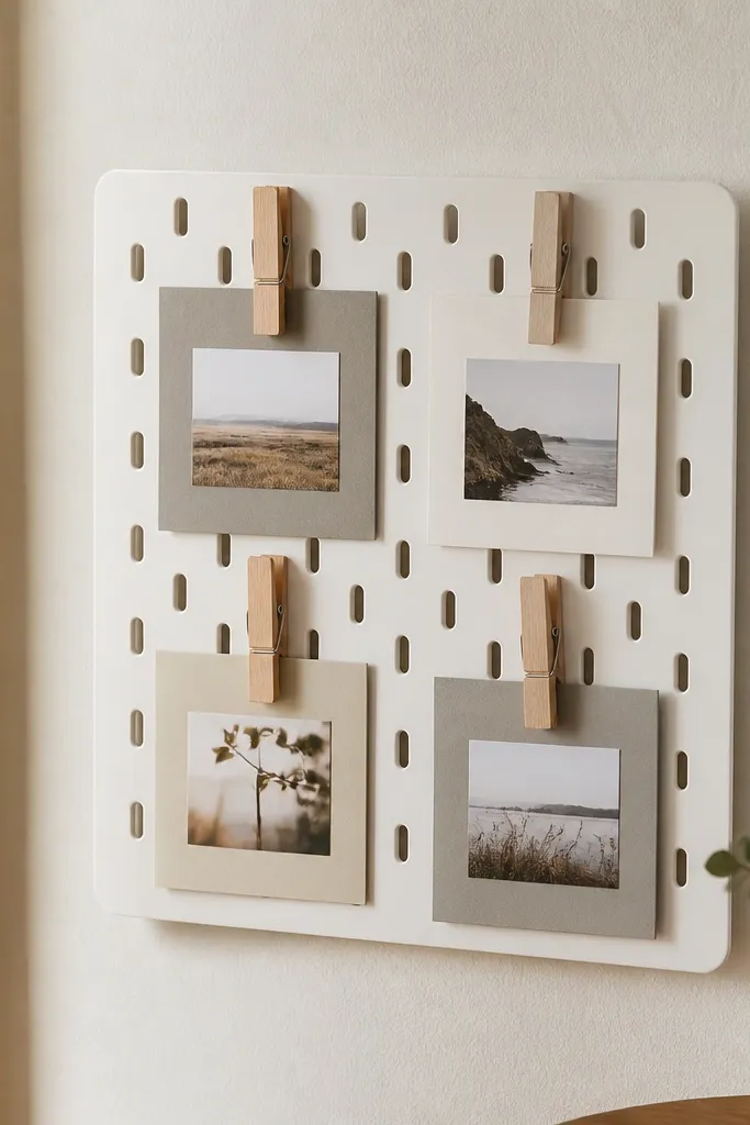 A small white pegboard panel on a wall with four clothespins holding tiny photos, each photo clipped to a small mat board rectangle.