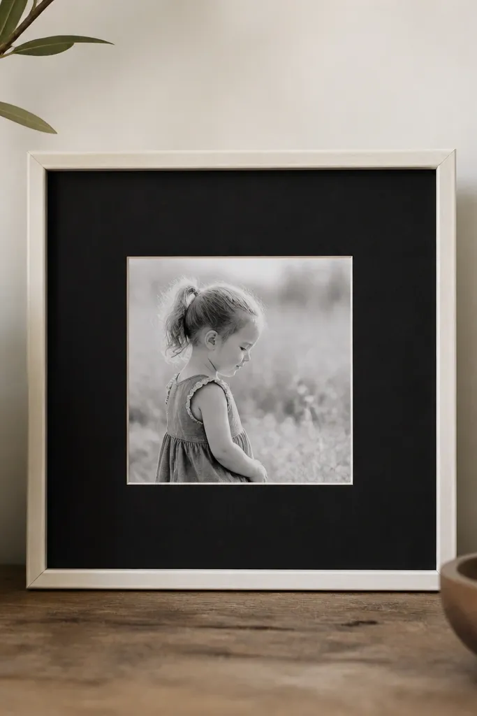 A small square frame built from thin painted trim pieces, with a matte black backing and a centered 4x4 photo.