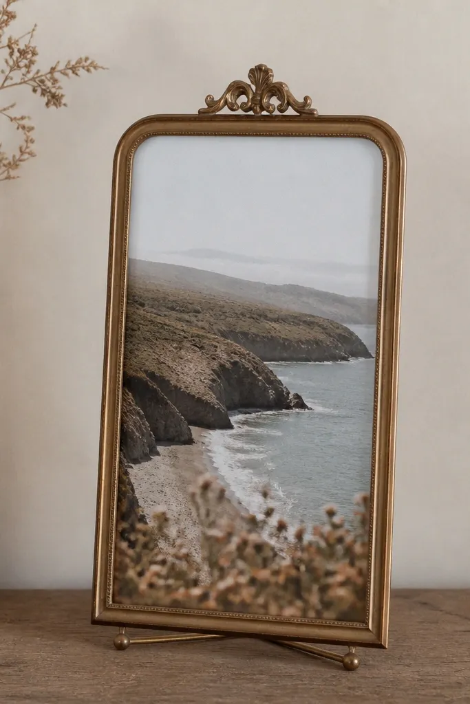 A slim thrift mirror frame with the glass removed, replaced by a photo inserted behind a clear acrylic sheet, and a small stand at the bottom.