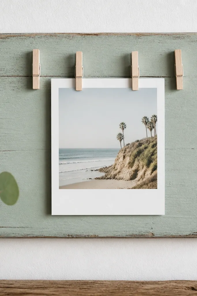 Four small laundry pegs attached to a painted wooden board, holding a Polaroid-style photo with white border.