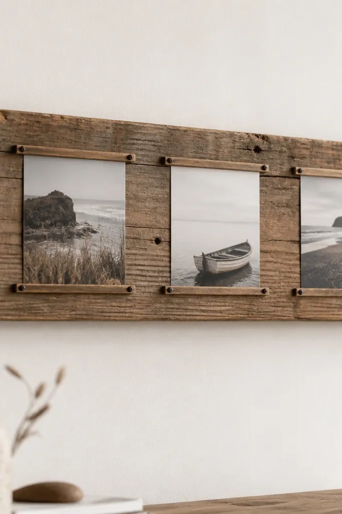 A horizontal bar of reclaimed wood with three evenly spaced small photo slots, each photo held behind a thin strip, mounted on a light wall.