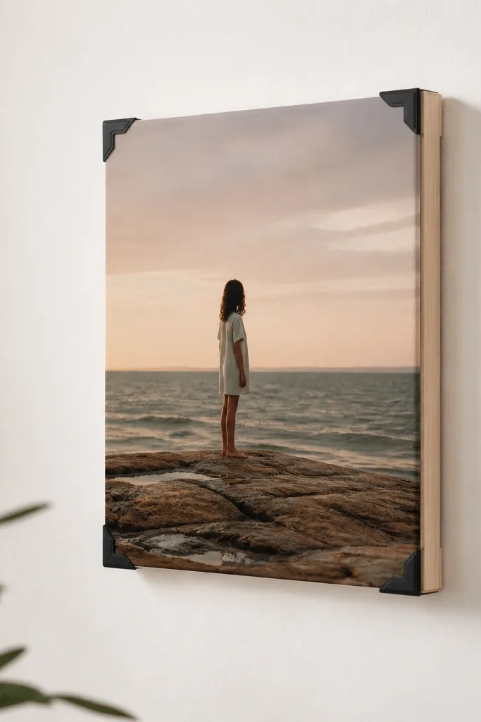 A small canvas stretcher bar frame mounted on the wall, with a photo stretched in the center using photo corners and no glass.