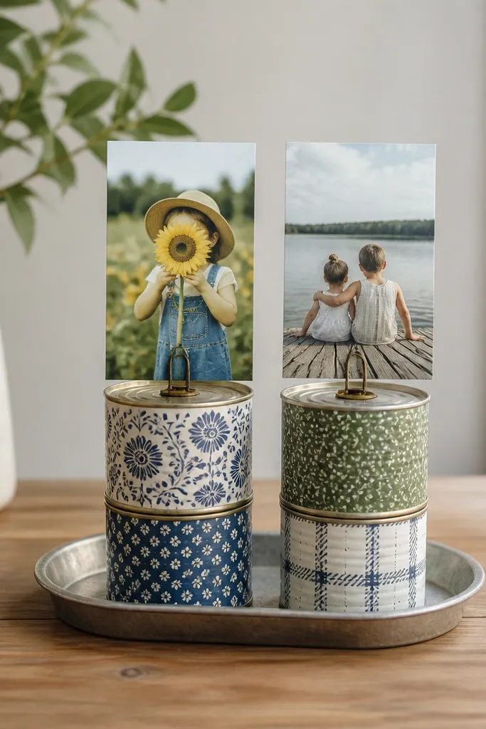 A small tray with two stacked decorated tin cans acting as photo holders, each holding a 4x6 photo upright.