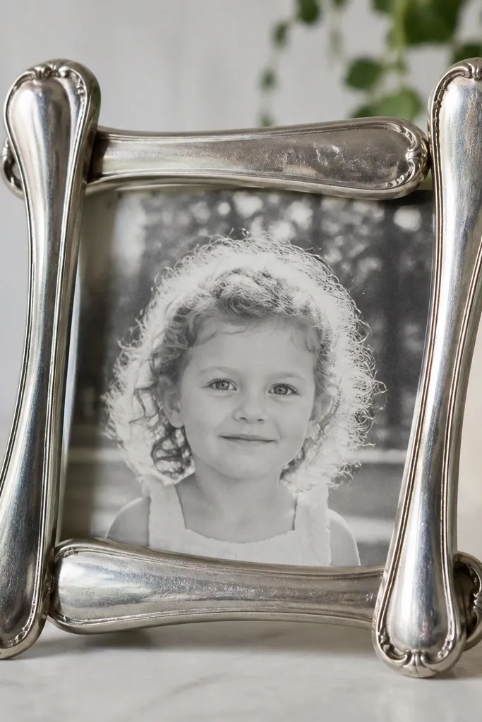 A small photo frame made from four silverware handles arranged like a border, with the handles showing dents and brushed shine around a centered photo.