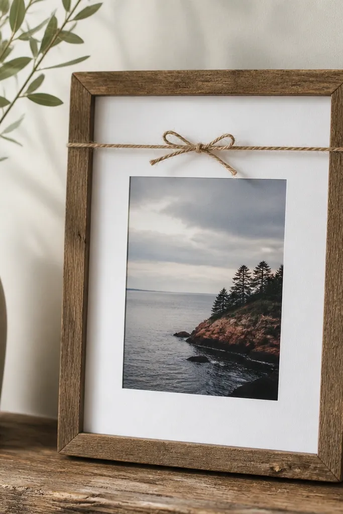 A narrow frame built from a pallet slat, holding a 2x3 photo with a white mat and thin twine tied across the top.