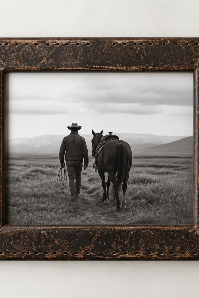 A frame made from an old leather belt cut into a rectangle border, with the photo centered behind a thin backing and the belt buckle removed.