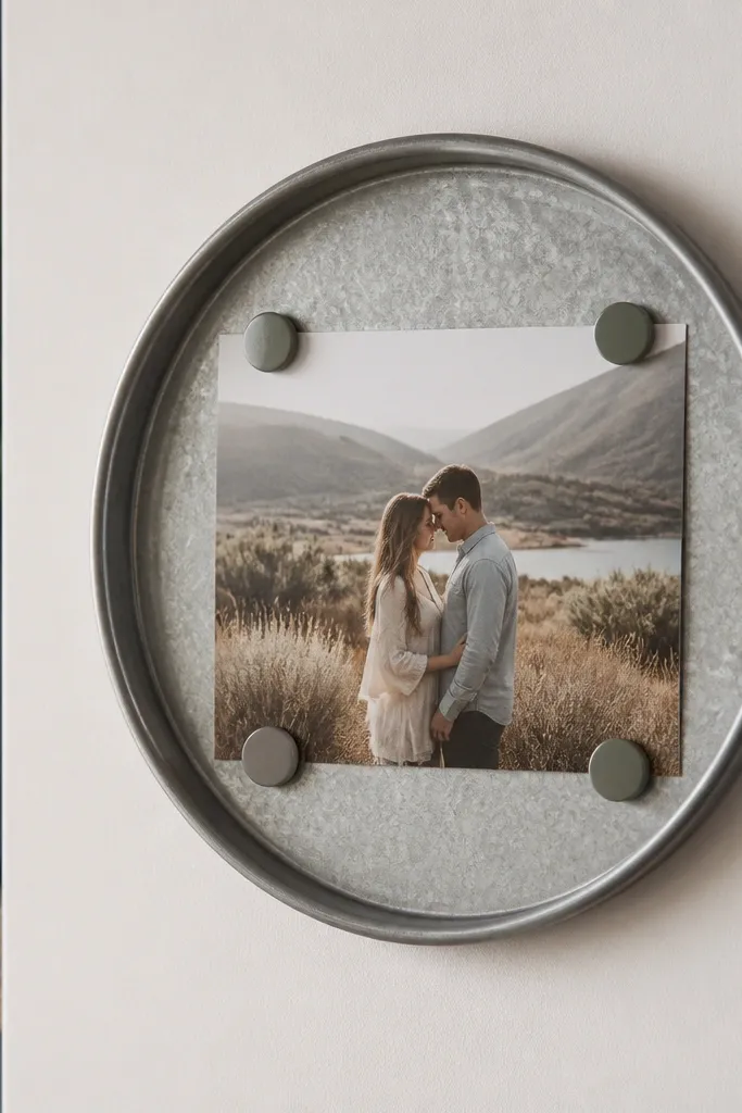 A small circular cookie sheet mounted like a frame, holding a photo with magnets along the edges and a tin backing panel.