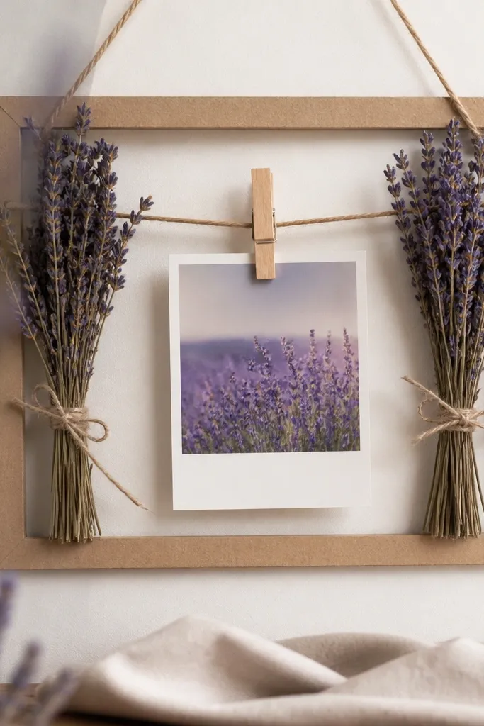 A small rectangular frame made from a thin board, with dried lavender bundles and a clothespin holding a small photo in the center.