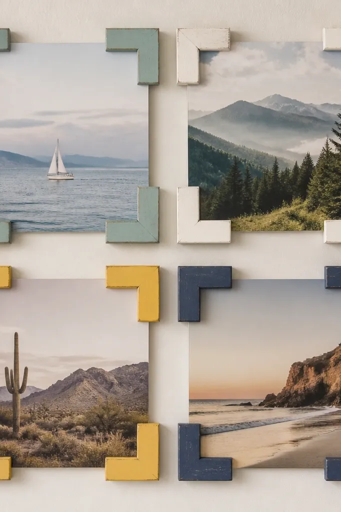 Four separate corner brackets made from painted scrap wood holding four 4x4 photos, arranged in a grid with thin spacing.