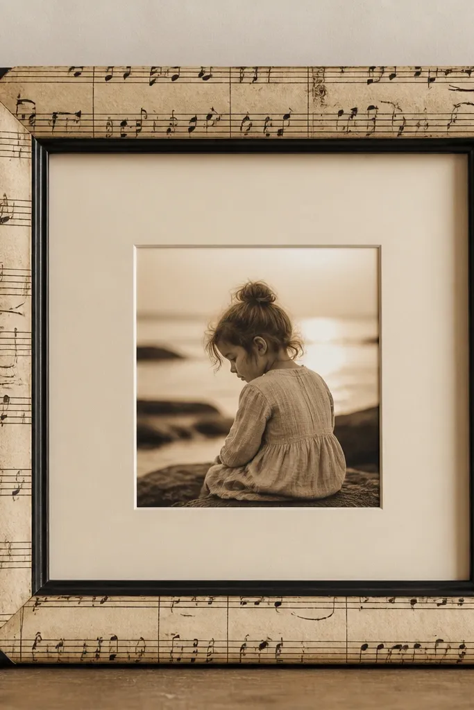 A black frame whose border is wrapped with sheet music paper, with a single photo in warm sepia tones centered on an off-white mat.