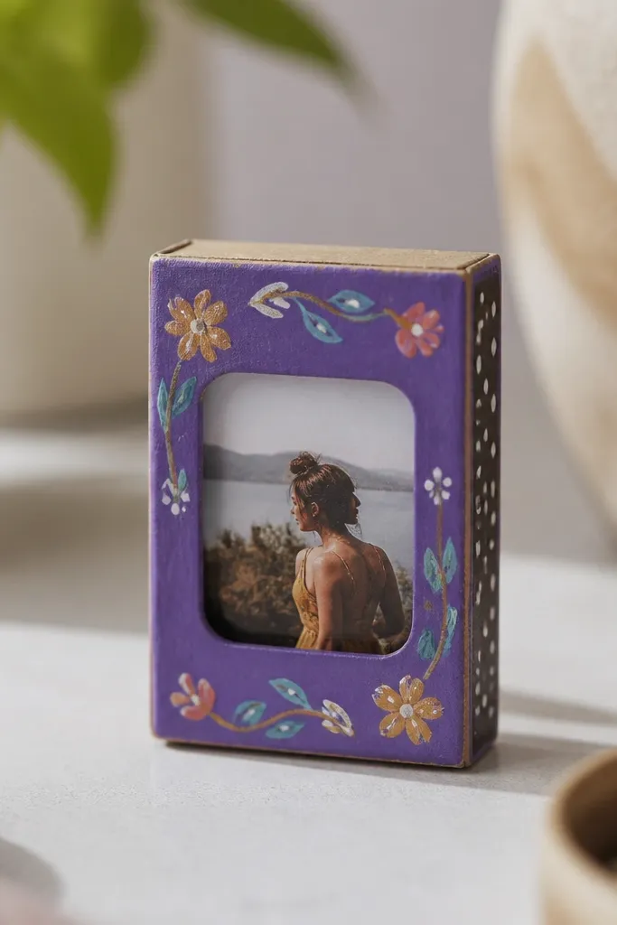 A small painted matchbox repurposed as a photo holder, with a mini photo inserted behind a clear window cut from plastic packaging.