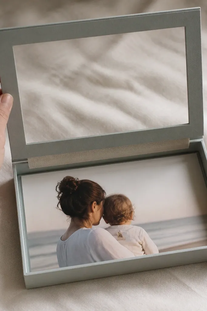 A shoe box lid cut into a shallow frame, hinged with fabric tape on one side, flipping open to reveal a photo inside.