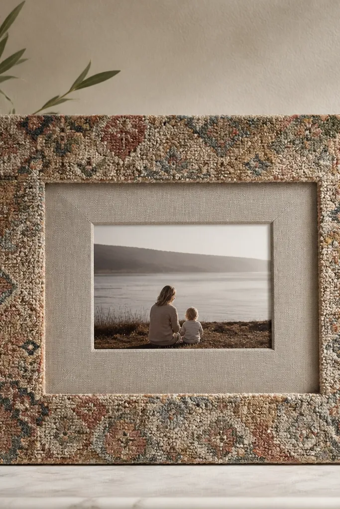 A rectangular frame where the border is made from a trimmed rug sample fabric, with a centered photo and a soft padded backing.