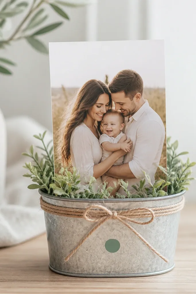 A small tin planter holding a vertical 4x6 photo, with a twine bow tied around the top rim and a small painted accent dot.