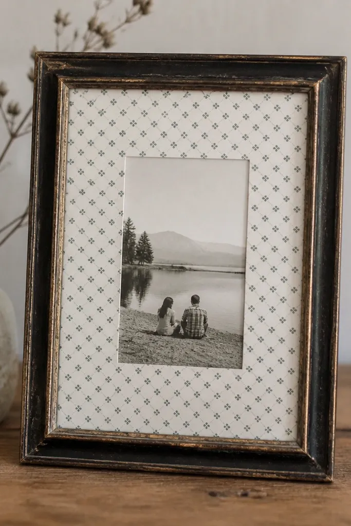 A thrift picture frame with the glass removed, replaced by a wallpaper scrap mat around a photo, with the wallpaper showing small geometric pattern.