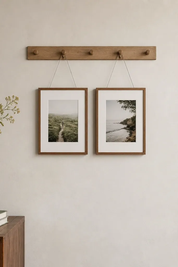 A small peg rail with two small frames hanging from thin wire, each frame holding a 6x8 photo with light matting.