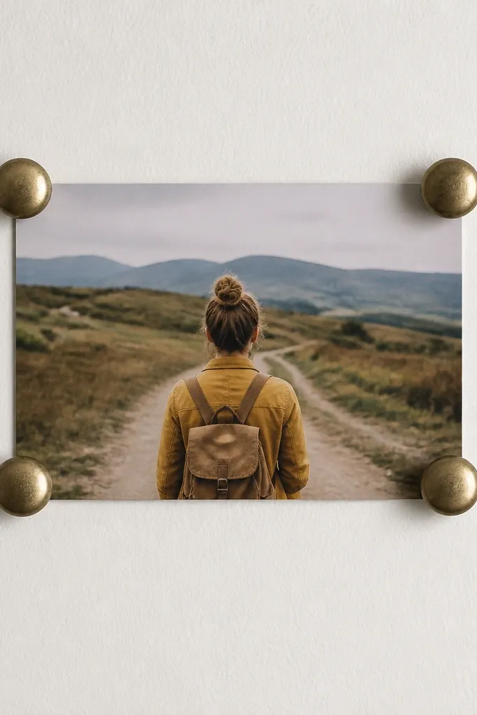 A small photo held by four drawer pulls arranged like a square frame, mounted on a white wall behind a centered 4x6 photo.
