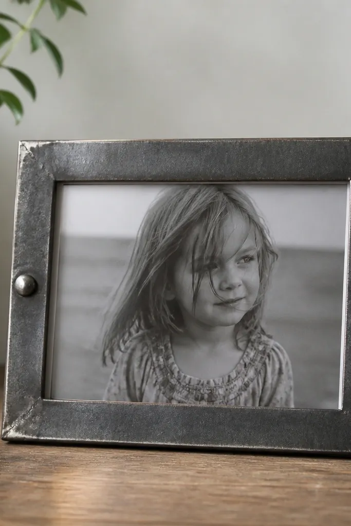 A small rectangular frame cut from scrap metal with a distressed finish, holding a photo behind a clear acrylic sheet.