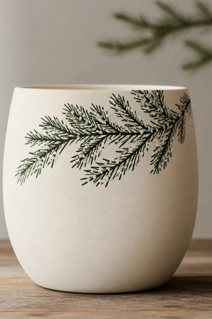 A cream-painted pot with a single dark green pine branch silhouette running diagonally. Small white "snow" flecks cluster around the branch tips, and the bottom half stays mostly blank.