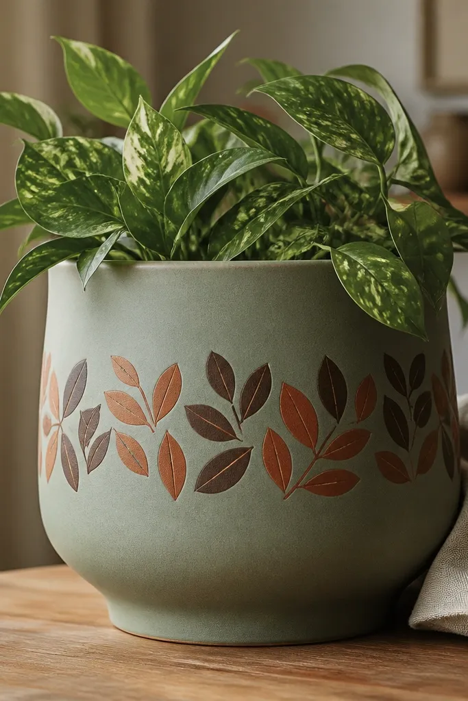 A muted sage-green pot with a horizontal band of leaf shapes in burnt orange and deep brown. The leaves are crisp like a stencil, with slight variation in leaf orientation.
