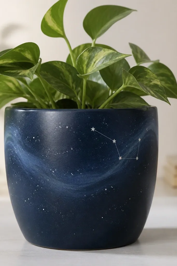 A deep navy pot with scattered tiny white dots. Two or three connected dot lines form a small constellation pattern near the upper third, and a faint lighter-blue swirl sits in the background.