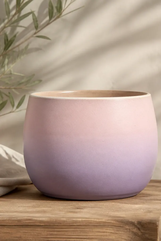 A pot that fades from lavender at the bottom to pale pink near the top. The gradient is smooth, with a soft edge where the colors blend. The rim is left unpainted or lightly sealed in clear.