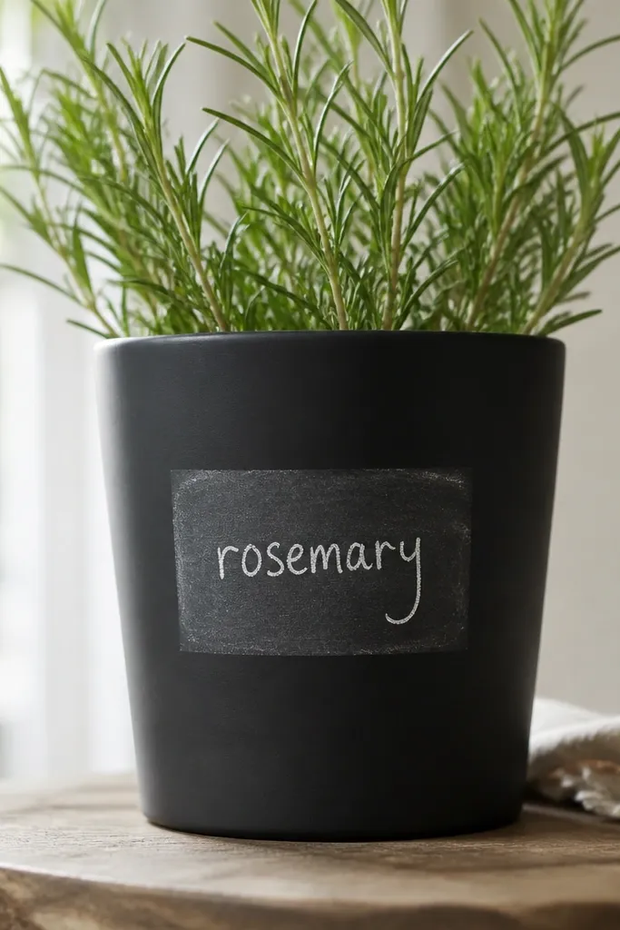 A matte black pot with a small lighter rectangle in the center that looks like a chalkboard label. Handwritten white text sits inside the rectangle, with a slightly smudged chalk effect.