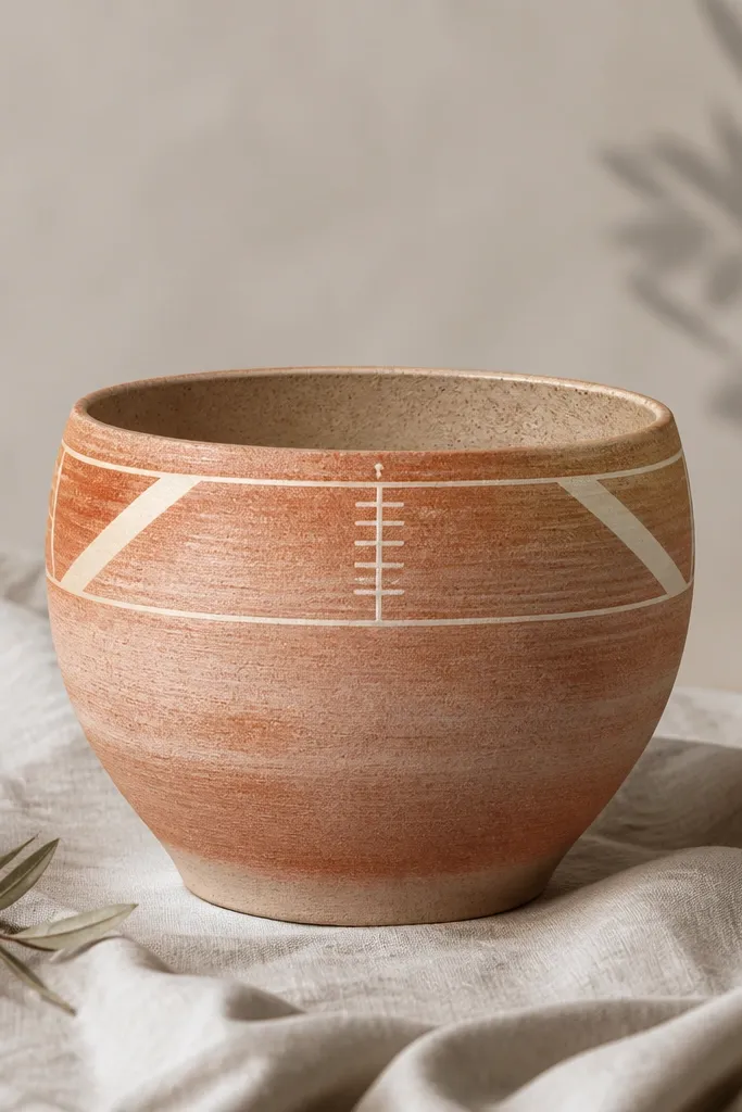 A pot with a thin terracotta wash that lets some base show through. The corners have crisp white triangles and small white lines forming a geometric frame around the upper half.