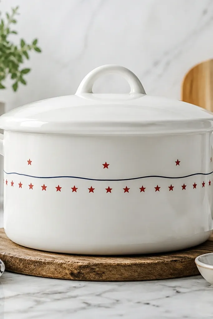 A white pot with a band of small red stars. A thin navy wave line runs across the middle, and a few stars sit above it like accents.