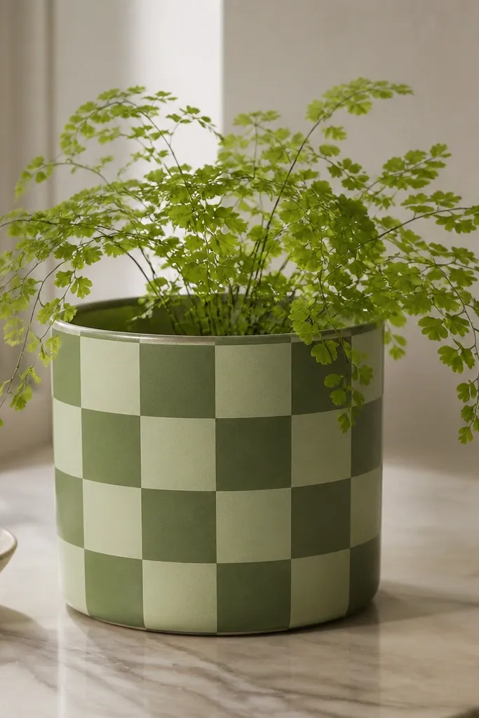A pot painted in alternating squares of light sage and deeper green, arranged like a mini checkerboard. The squares are crisp, with a clear border near the top rim.