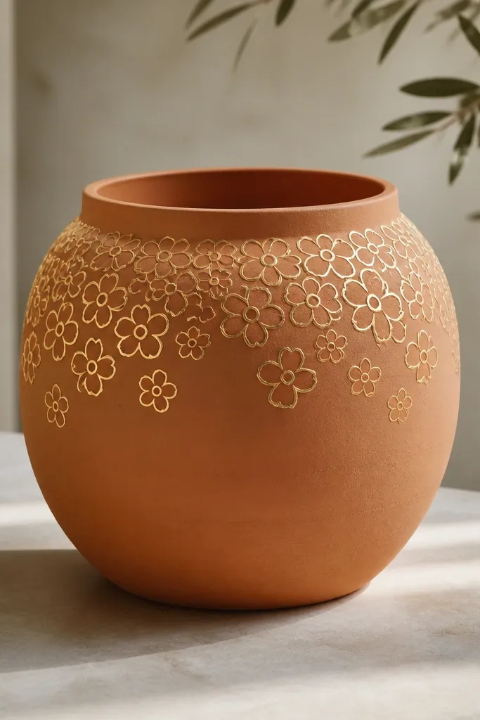 A matte terracotta pot with thin gold outlines of small flowers clustered near the top. The center of each flower is left the terracotta color, so the outlines look like jewelry.