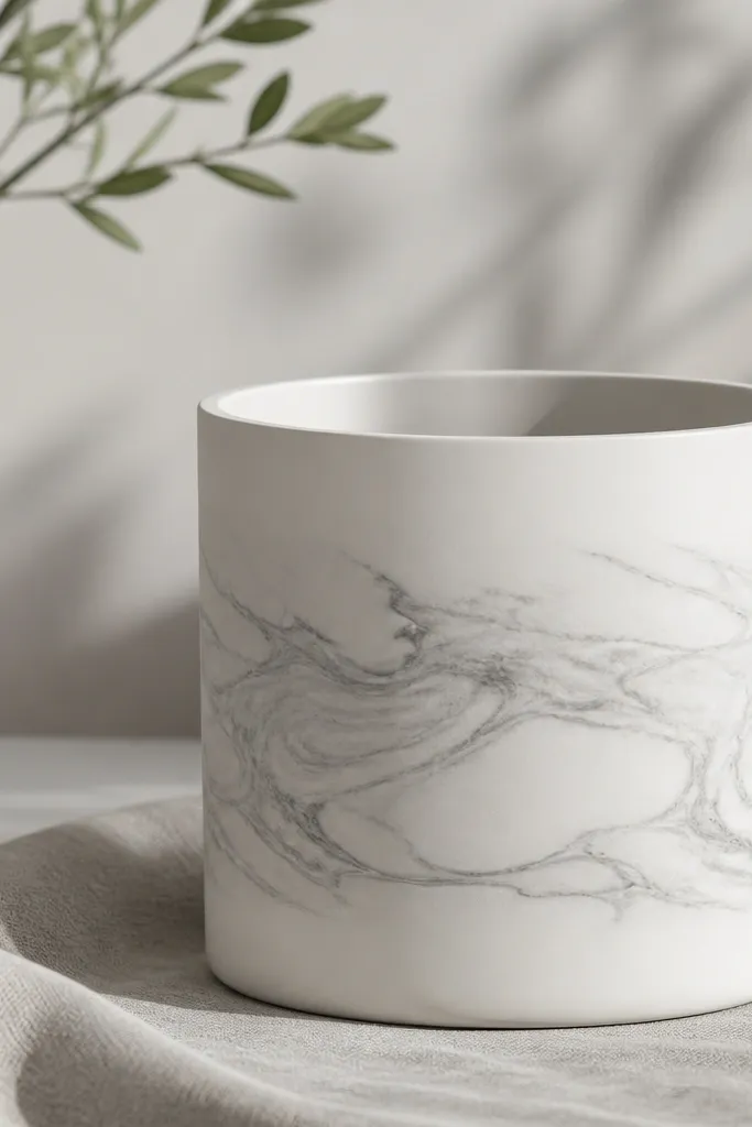 A pot with a white base and grey marbling streaks. The swirls look like stone - thin lines and soft curves. The rim stays clean and the marbling concentrates in the middle band.