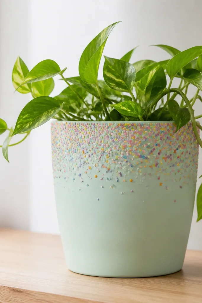 A pastel mint pot with the top third covered in tiny multicolor dots like sprinkles. The dots are varied in size, and the bottom stays mostly plain for balance.