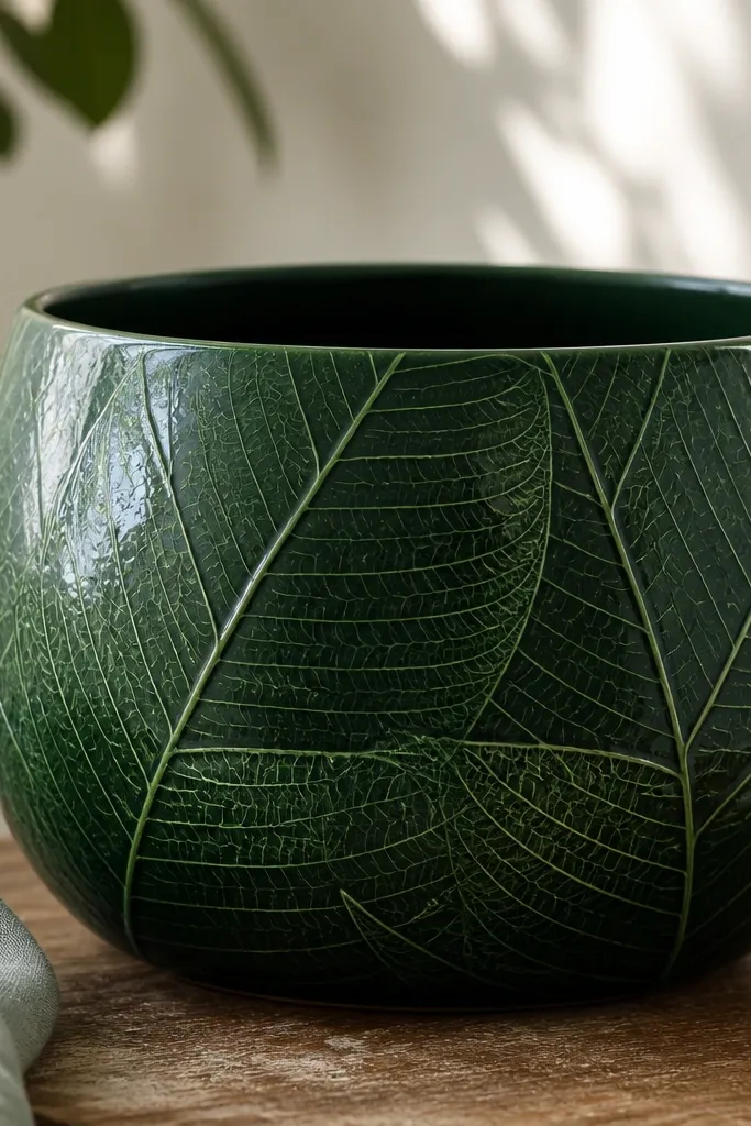 A deep green pot with a lighter green leaf-vein pattern drawn in thin lines. Some leaf veins have a glossy clear glaze over them so they catch light.
