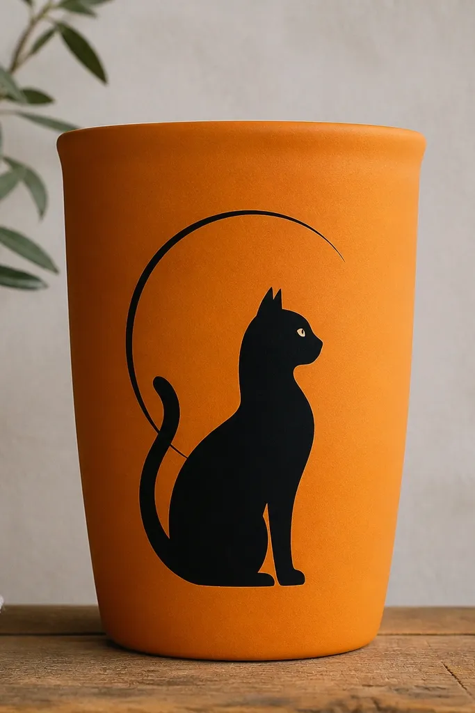 A bright orange pot with a single black cat silhouette sitting in profile. The cat has a raised tail and small white eyes, and a thin black moon sits behind it.