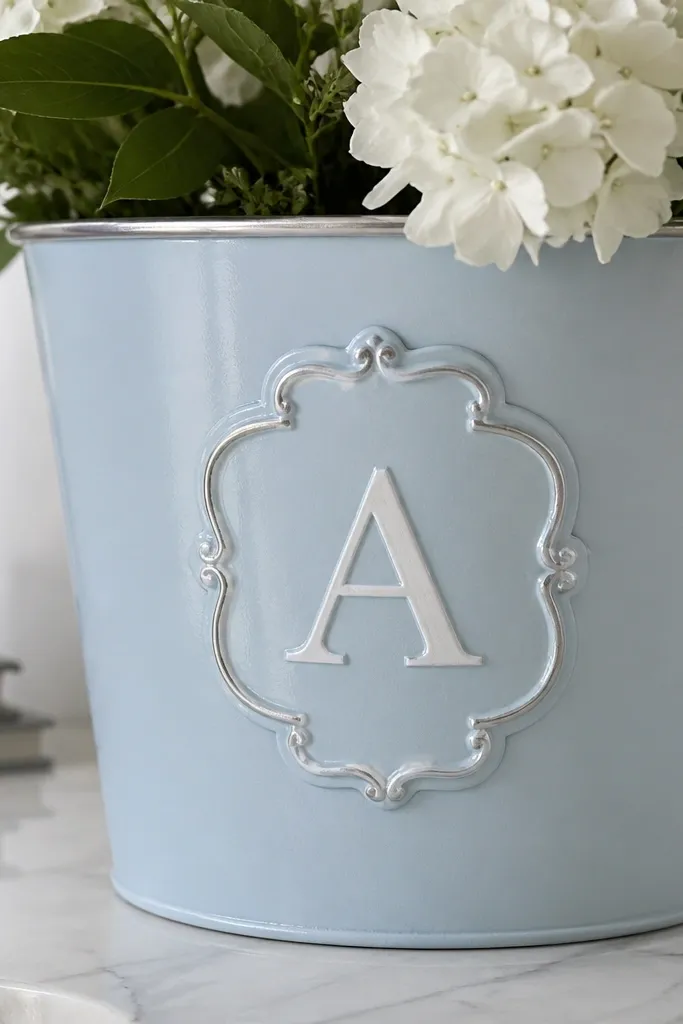 A pale blue pot with a white monogram initial in the center. Around the initial, there's a soft raised enamel effect created by layered paint, and a thin silver line frames it.