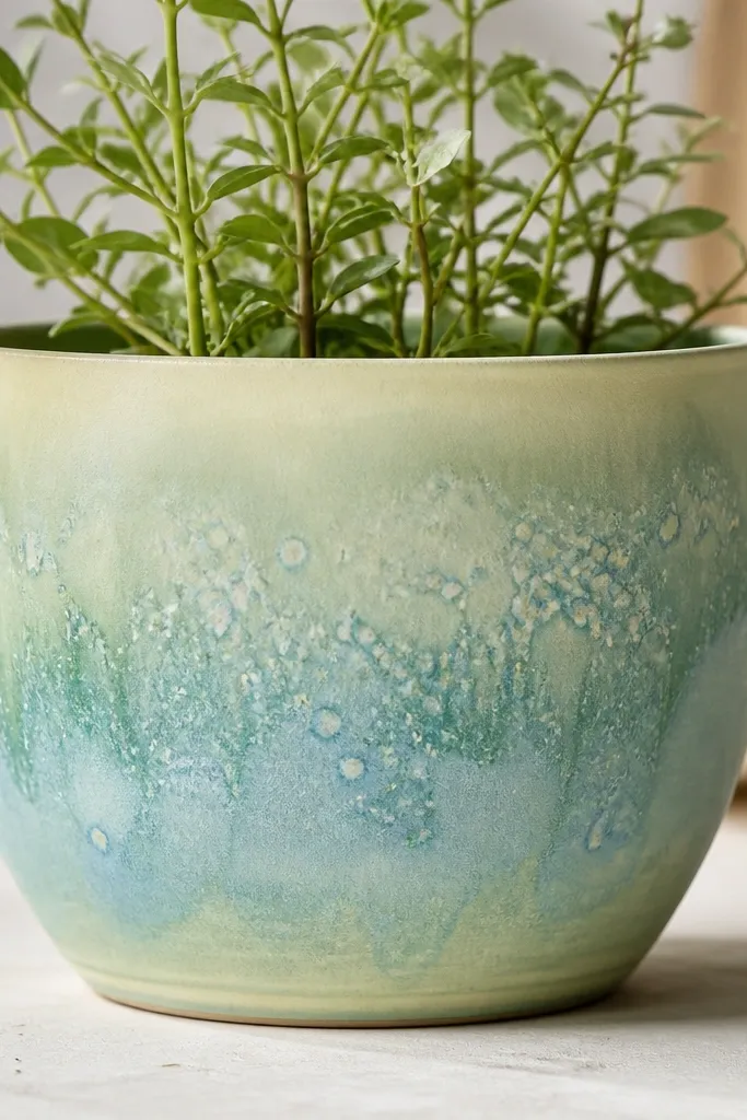 A light yellow-green pot with a watercolor-style wash of mint and sky blue. Tiny speckled crystals create a textured pattern across the middle band, like dried water spots.