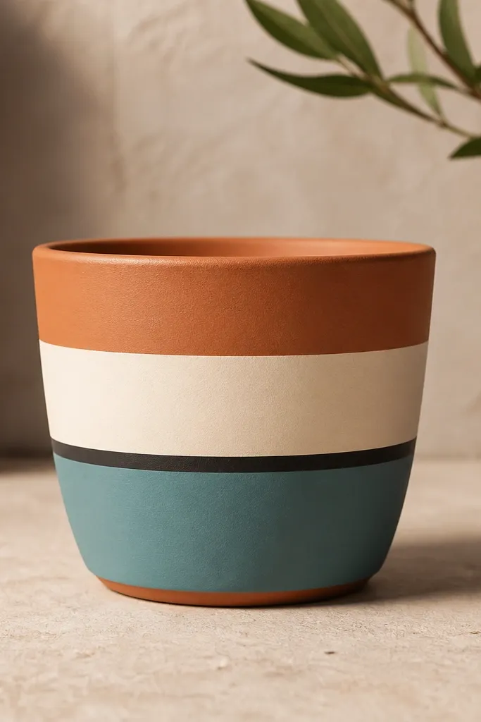 A terracotta pot painted with three horizontal bands: cream, teal, and a thin black line. The bands are perfectly straight and evenly spaced, with a matte finish.