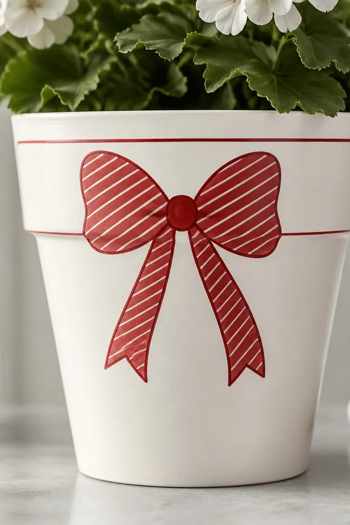 A white pot with a painted red bow centered near the top. The bow loops have diagonal white stripes, and a small red knot sits between them. A thin red outline frames the bow area.