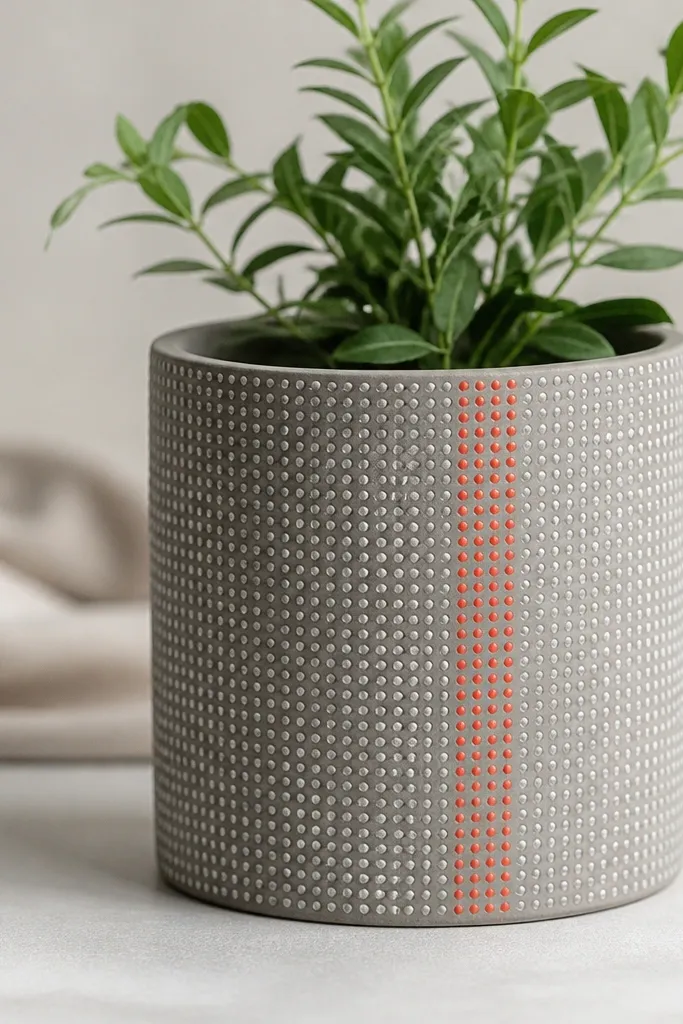 A grey pot with a tight grid of small white dots covering most of the surface. One vertical stripe on the side is a single accent color like coral, still made of dots.
