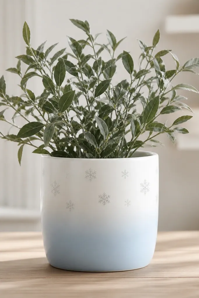 A pot split visually: the bottom half fades from white to light blue, and the top half has scattered snowflakes in pale grey. The snowflakes stay sparse so the plant shows through.