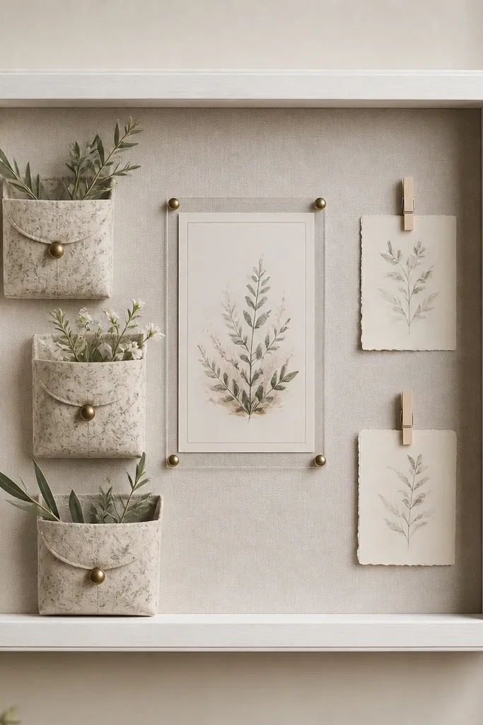 A white-painted shadow box mounted on the wall. Inside, three fabric pockets hang at different heights, each with a small brass button pull. The center has a printed scripture card behind glass, and tiny clothespins hold two mini note cards on the right side.