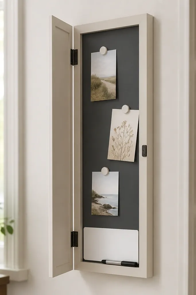A narrow cabinet door hung on the wall with two hinges and a small magnetic latch. The inside face has a smooth slate-gray magnetic sheet. Small magnets hold verse cards and a tiny whiteboard strip at the bottom.