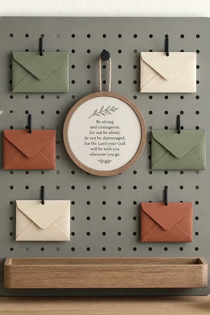 A 12x16 gray pegboard wall panel with a small wooden tray at the bottom. On the pegboard are six hooks holding mini envelopes in sage green, cream, and terracotta. A central wooden circle holds a printed verse with a string loop.