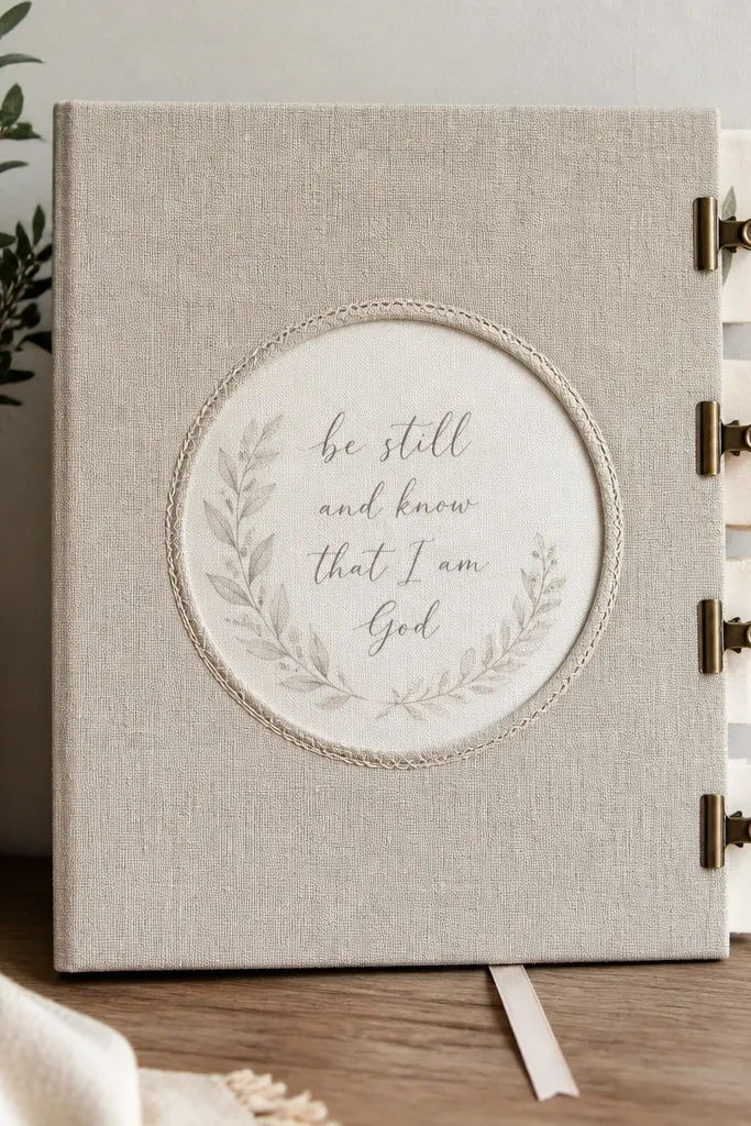 A lightweight board wrapped in oatmeal linen fabric. Along the right edge are small metal clips holding folded prayer slips. The center has a framed fabric circle with a hand-lettered verse, and a thin ribbon bookmark hangs down.