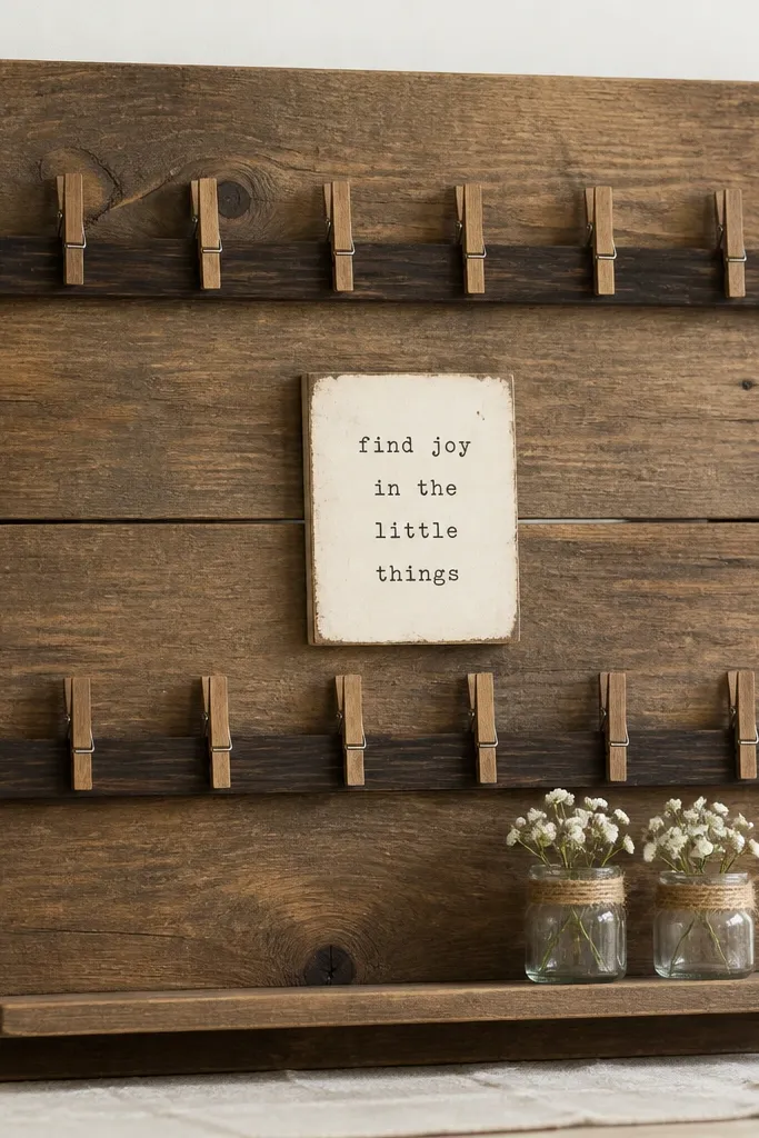 A 14x18 board made from three horizontal wooden slats. Two rails hold small spring clothespins, each clip facing outward. A small center sign in distressed cream has a typed verse, and two mini jars sit on a shelf ledge at the bottom.
