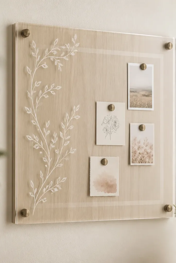 A wall-mounted clear acrylic sheet over a pale wood backing. The verse is printed on white vinyl on the back. Small magnets hold tiny note cards, and a strip of clear tape forms a subtle border around the card area.