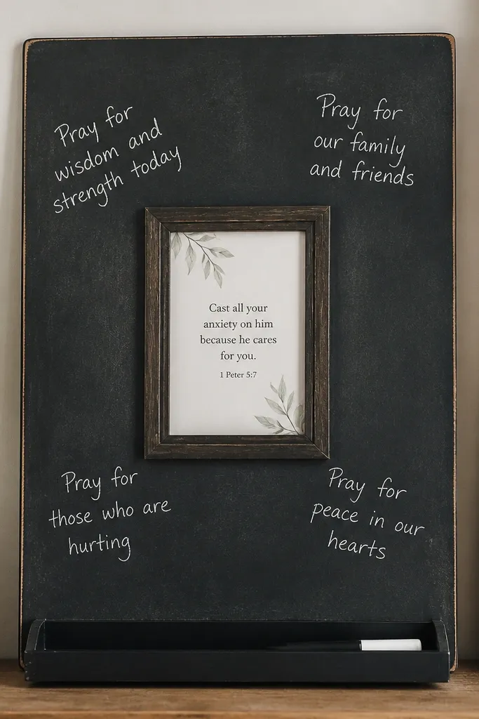 A 12x18 chalkboard painted on a wood panel with a small framed window in the center showing a printed scripture card. The bottom has a black pen tray. A few handwritten prayers in white chalk sit around the window.