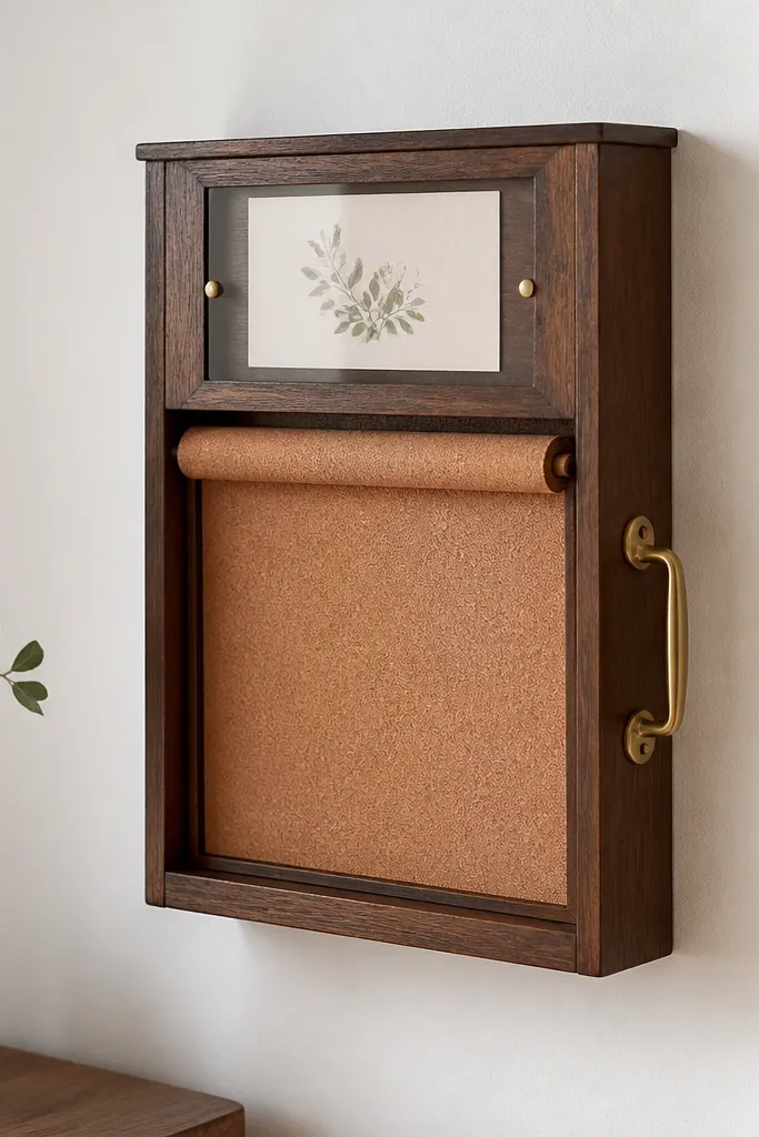 A compact wall frame with a roll-up cork backing. A brass drawer pull handle sits on the right side. The top holds a small center verse card under a clear cover.